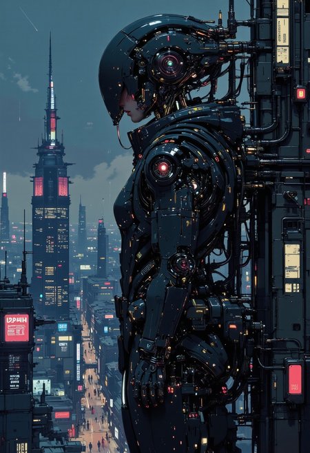 A digital anime artwork in the style of cklg. A lone female operative stands on the edge of a towering skyscraper, her silhouette sharply contrasted against a neon-soaked skyline. Her jet-black bodysuit, embedded with countless micro-lights and augmented armor plates, fits her like a second skin, giving her an almost feline elegance. Her gaze is intense, augmented eyes glowing with a piercing blue hue, surveying the city below. Streams of holographic data float around her, projected from a sleek visor, illuminating her angular face with a cold, synthetic glow. Rain pours down in fine sheets, reflecting the neon colors around her, as the bustling city hums with life far below. (hyperdetailed bodysuit textures and holographic visuals:1.1), (intricate cityscape and rain reflections:1.1), (Refined atmospheric lighting:1.1), (best quality:1.1), (high resolution:1.2 The art style is highly detailed, in the vein of futurist anime, capturing the beauty of the cyborg girl and the mechanical complexity of her exposed skull.