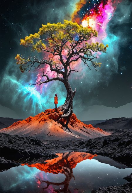 Photograph of a lone female, her clothing reflecting the nebulae and distant galaxies, on the edge of a crater on a desolate moon. A lone tree, a bright splash of color against the gray landscape, grows from a crack in the rock, Art by Karel Thole, Close-up, Over-detailed, Intricate details, 
Masterpiece, vibrant colors, very detailed, midjourneyv6.1, Light Painting, artchlr