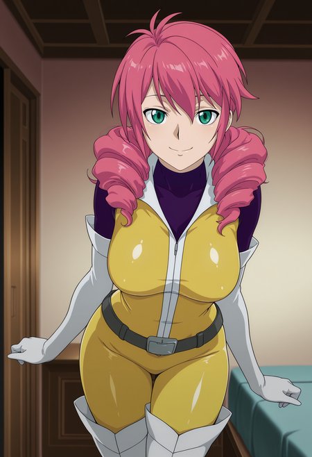 1girl,solo,mm,mature female,pink hair,twintails,long hair,green eyes,drill hair,anime coloring,
bodysuit,yellow bodysuit,elbow gloves,belt,thigh boots,looking at viewer, smile,indoors
,masterpiece,best quality,amazing quality,<lora:Feldt_Grace-Gundam_00_Season1:0.8>