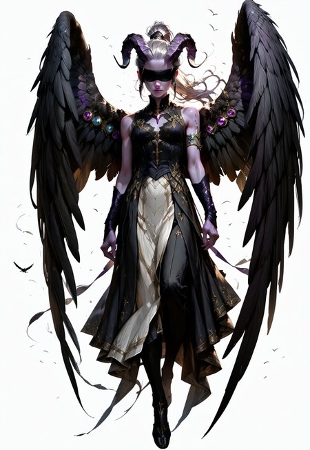 (absurdres, best quality, masterpiece:1.4), 
score_9, score_8_up, score_7_up, score_6_up, 
detailed, 
detailed body, 
detailed face, 
(((smooth skin, unbroken skin, detailed skin))), 
fantasy, 
alone, 

female, 
tiefling, 
h0rns, 
ram horns, 
black horns, 
tall, 
((((purple skin)))), 
((long grey hair, ponytail)), 
(((wingsd, black wings))),

floating, flying, wings open, 

(white robe, sleeveless, 
blindfold, black cloth blindfold), 

(((white background, plain background))), 
full body, 
front view, 