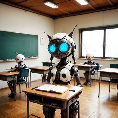 evi@decrepPunk, 8 robots, classroom full of robots, no humans, many robots in classroom