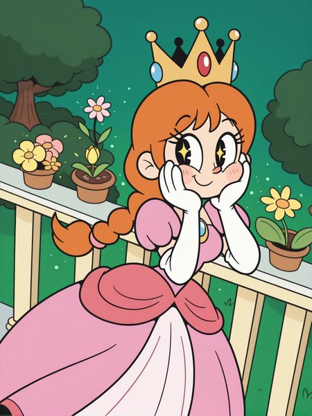 RetroXL, toon \(style\), flat color, black eyes,
1girl lay on balcony, princess pink dress, elbow gloves, crown, single braid, long skirt, medium breasts, looking at viewer, dynamic angle, cowboy shot, cute, hands on face, hand on own cheek, cute pose, smile, blush, wide shot, sparkling eyes, magic vibes, bangs, floating hair, from above, vegetation, flowers, magic particles,
 <lora:RetroToonXL_Style-10-IL:1>