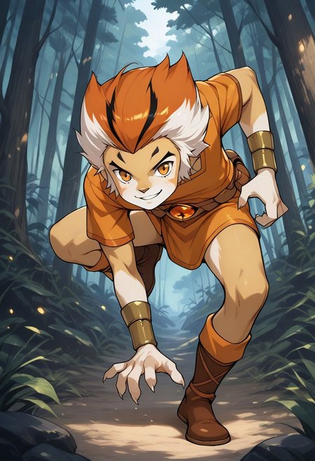 masterpiece, best quality, newest, 1boy , cute boy, male focus, solo, bare shoulders, Wilykat, Two Toned Hair, White Hair, Orange Hair, Black Streaks in Hair, Amber Eyes, Feline Eyes, Two Toned Skin, Two Toned Tunic, Brown Tunic, Orange Tunic, Metal Bracers, Belt, Pouches, Brown Boots, smile, feet to viewer, jump, forest