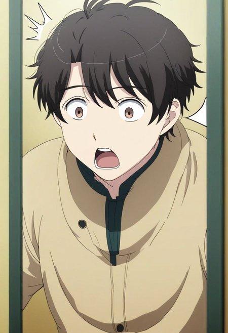 high resolution, solo, best quality, 1Boy, Inaho Kaizuka, Black Hair, surprised, peeking out, OverallDetail