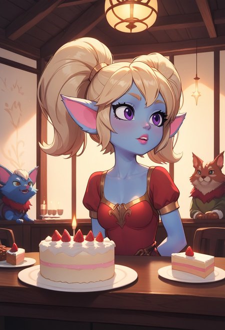 score_9, score_8_up, score_7_up, score_6_up, score_5_up, score_4_up,masterpiece, high quality, (best quality:1.1),(detailed eyes:1.2), beautiful, detailed background,( perfect eyes:1.2),source_anime, very aesthetic, anime screencap, anime coloring,source_furry,
many people,sitting for the table,cake on the table, candles with the number 400,
tall girl,Poppy,lol,yordle,colored skin, blue skin,glossy skin, glossy body,deep skin,blonde hair,long hair,twintails,fluffy hair,fluffy ears,purple eyes,toned, long eyelashes,
festive dress,festive hat,pink lipstick,
indoors,holiday,room,long table,festive atmosphere