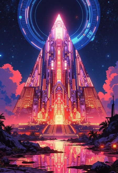 A digital anime artwork in the style of cklg, A digital painting in the style of ck-js, pyramids neon fire in the eternal night, built from futuristic nano-glass, cascading holographic patterns,
