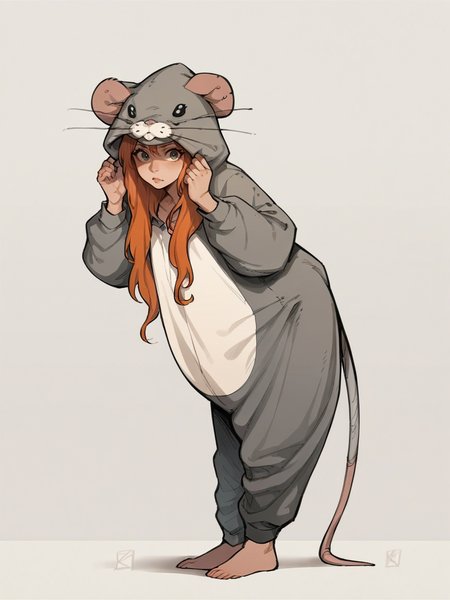 score_9, score_8_up, score_7_up, score_6_up, score_5_up,  <lora:ratonsieXLP3:1> rat onsie, barefoot, animal costume, tail, 1girl, ginger hair, curvy