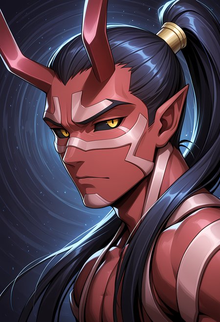 masterpiece, best quality, amazing quality, dutch angle, abstract background, BREAK
1boy, solo, male focus, smt_rakshasa, horns, red body, yellow eyes, black sclera, ponytail, long hair, face focus, BREAK
<lora:cfg_scale_boost:.6>   <lora:Rakshasa_-_Shin_Megami_Tensei__Persona_-_ILXL:1>