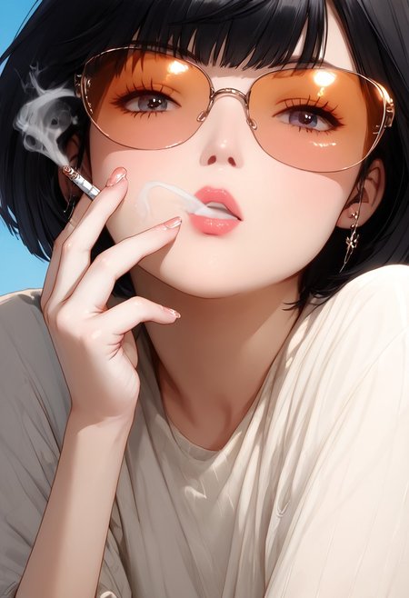 realistic, photorealistic, Expressiveh, score_9, score_8_up, score_7_up, 

1girl, solo, short black hair, bob cut, large sunglasses, holding cigarette, blowing smoke,

0scillat0r_pxl