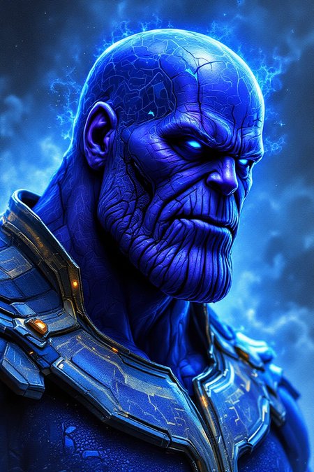Thanos, urban comics, blue patterns, Marvel, sci-fi, high tech, iconographic, glitchy background, watercolor, ink, fog, interactive, high detail, art style by Clayton Crane + Ross Tran + Rachel Walpole + Jessica LeVay + Dan Wolbert + Simon Stålenhag + Brian Stelfreeze