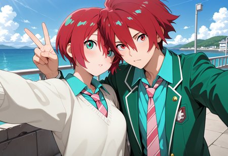 masterpiece, best quality, amazing quality, absurdres, newest, detailed background, definition so sharp, Ultra-HD, 8K cinematic, very awa, impressionate, amazing quality, highres, 

duo, couple focus, different high, different size, side by side, v, selfie, upper body, day, blue sky, outdoor, 

BREAK
(1boy, kagayakibishounen, takuto_red eyes, takuto,red hair, short hair, takuto_school uniform, green blazer, white collared shirt, pink tie),

BREAK
(1girl, amate yuzuriha,aqua shirt,striped necktie,white sweater,),