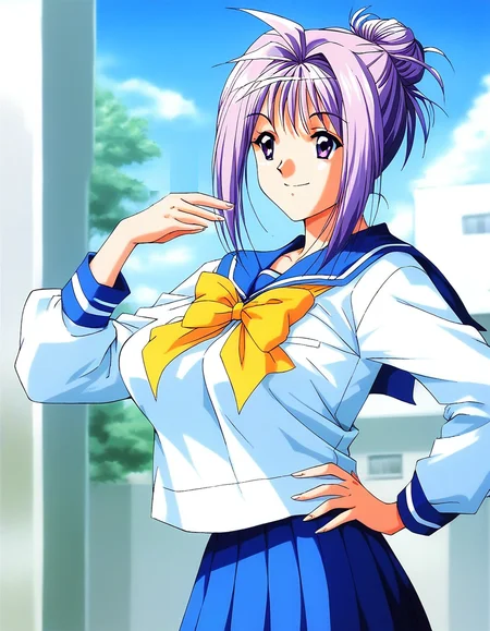 score_9, score_8_up, score_7_up, source_anime, rating_explicit, BREAK  <lora:Katagiri_Ayako_XL:1>ãKatagiriAyako, light purple hair, single hair bun, short hair, large breasts, purple eyes
1990s \(style\),
1girl, solo, school uniform, serafuku, bow, skirt, yellow bow, hand on hip, sailor collar, blue skirt, smile, long sleeves, pleated skirt
outdoor, blue sky, day,