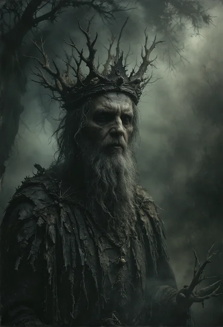 a macabre scene with a lifelike very old and ill king bearing a dark expression, crowned with a jagged, branch-like, thorny crown, partially obscured by mist, all textures suggesting decay and darkness, the kin set against a backdrop of ethereal fog and shadow to enhance its haunting appearance, evoking a sense of solemnity and ancient lore, <lora:NicolaSamori:0.7>, <lora:Desolation:0.3>, <lora:MJ52:0.3>,