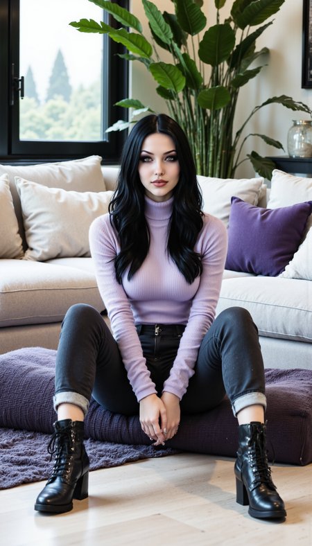 (masterpiece hyperrealistic photo) of a fit stunning woman from Peru with light brown skin, dark brown eyes, and medium-length black hair with natural waves. she is wearing A cozy outfit with a fitted turtleneck sweater in a soft lavender color and high-waisted skinny jeans in dark indigo. The turtleneck hugs her body, showing off her shape, while the jeans elongate her legs. She finishes the look with ankle boots for a polished winter look. She sits on a fluffy area rug in front of a large, modern sectional sofa in an airy living room. Floor-to-ceiling windows let in bright light, and a few tall green plants add freshness to the space. detailed skin, detailed eyes,  vivid style, photorealistic:1.2, 32k, high contrast, intricately detailed eyes, real skin textures, detailed clothing textures, goth, gothic
,aidmaimageupgrader, aidmafluxpro1.1