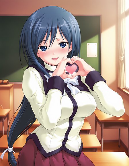 masterpiece, best quality, amazing quality, official art, ultra highres, very aesthetic, intricate,
1girl,inoue_shizuka, long hair, blue hair, blue eyes, 
school uniform, bow, long sleeves, skirt  BREAK
blush, shy smile, open mouth, looking at viewer, 
standing, pinup, heart hands, 
in classroom, sharp focus, depth of field, highly detailed,
 detailed skin
<lora:inoue shizuka v1.0-000014:1>