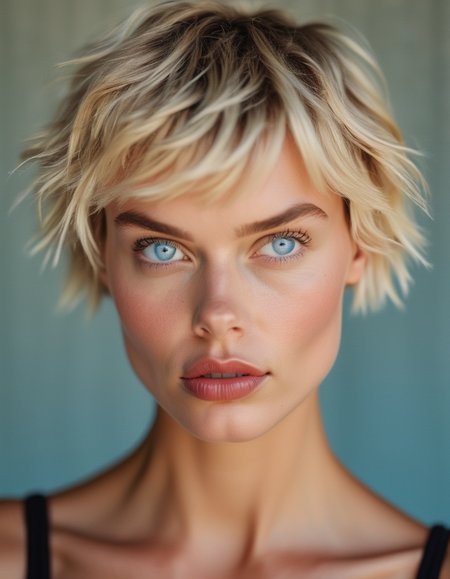 A close-up of a model with a short, choppy blonde haircut, her blue eyes shining with determination, and her lips set in a confident, no-nonsense expression. <lora:usual-portrait-v2:1>