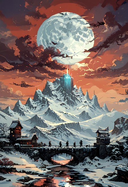 score_9, score_8_up, score_7_up, yamer_pixel_fusion, pixel art, 
A goddess looks towards The summit of a snowy mountain, reached only by the most devoted. A stone platform overlooks the world below, where rituals are held to call upon the power of the wind and sky, surrounded by towering ice spires., 
in the style of a vintage, high-contrast setting, dark and mysterious atmosphere. Resplendent spotlighting, Emphasize theatrical elements with bursts of bright colors against dark, moody backgrounds
, retro futuristic, atompunk, hyper-detailed, scifi, lofi, d3p1x3l, pixel art, a broken moon hangs in the sky