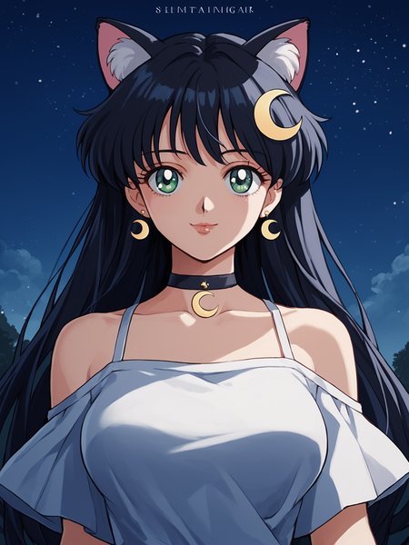 1990s (style), anime coloring, sm90s, 1girl, animal ears, black hair, crescent, long hair, green eyes, solo, choker, breasts, crescent hair ornament, looking at viewer, hair ornament, upper body, night, black choker, sky, jewelry, lips, earrings, artist name, animal ear fluff, bare shoulders, bangs, night sky, medium breasts, collarbone, smile, outdoors, large breasts, osenayan, BREAK PonyXLV6_Scores ,  <lora:SM90sPDXL_r1:0.8>