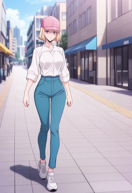 newest, masterpiece, best quality, 4k,
outdoors, city,very aesthetic, detailed background, full body,
 <lora:ChaHaeInV1:1> cha_hae-1n, blonde hair, short hair, purple eyes, breasts, white shirt, collared shirt, pink baseball cap, blue pants,