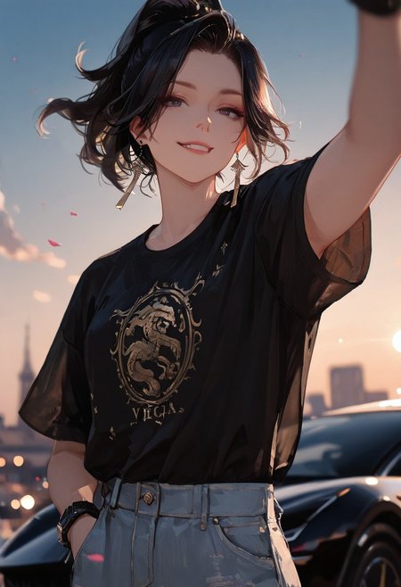 masterpiece, best quality, good quality, very aesthetic, absurdres, 
newest, 8K, depth of field, focused subject,visual storytelling,dynamic composition,
close up, stylized, scenery, bokeh,blurred background, 
Black Myth Wukong, male sun wukong, 
chinese mythology,( dynamic pose:1.3), smirking face,
upper body focus,
casual clothes, wearing luxurious jeans and luxurious black t-shirt with gothic design, expensive black watch
windblown hair, 
dramatic sky, celestial clouds, floating mountains, mythic scale, sakura petals, mystic mist, 
cinematic composition, backlighting, volumetric light, vegas city scene, symbolic environment, god-tier illustration,(sketch:1.3), taking a selfie in front of a lamborghini aventador with spoiler and body kit (car is black, chrome carbon fiber details), night scene under the moon