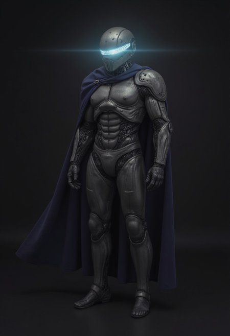 photorealistic shot of a solo, 1boy, upper body, male focus, armor, no humans, glowing, helmet, robot, mecha, cloak, science fiction, cyborg, mechanical parts, humanoid robot