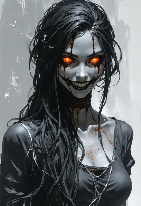 fg, A digital illustration of a woman with long, messy black hair framing her face, piercing glowing red eyes, heavy dark smudged makeup creating a sunken eye effect, a wide unsettling toothy grin. She wears dark, slightly ragged clothing, with subtle dark red smudges around her neck. Digital painting in the style of a dark fantasy horror illustration, eerie atmosphere, dramatic cinematic lighting, muted grey smoky background.