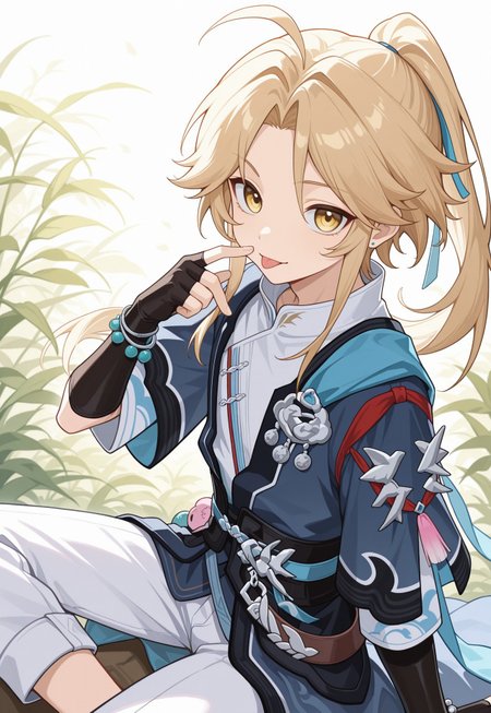 masterpiece,best quality,amazing quality, source_anime, 

Yanqihonk, 1boy, tongue, tongue out, yellow eyes, male focus, looking at viewer, solo, jewelry, :p, blonde hair, long hair, ponytail, chinese clothes, shirt, white shirt, kimono, blue kimono, tassel, belt, fingerless gloves, black gloves, white pants, capri pants, 