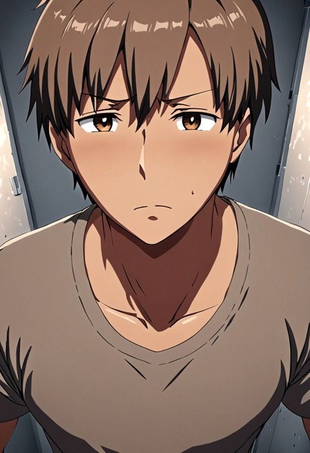 high resolution, solo, best quality, 1Boy, Takaki Toono, Brownish Hair, Brown Eyes, kabedon POV, T-Shirt, OverallDetail