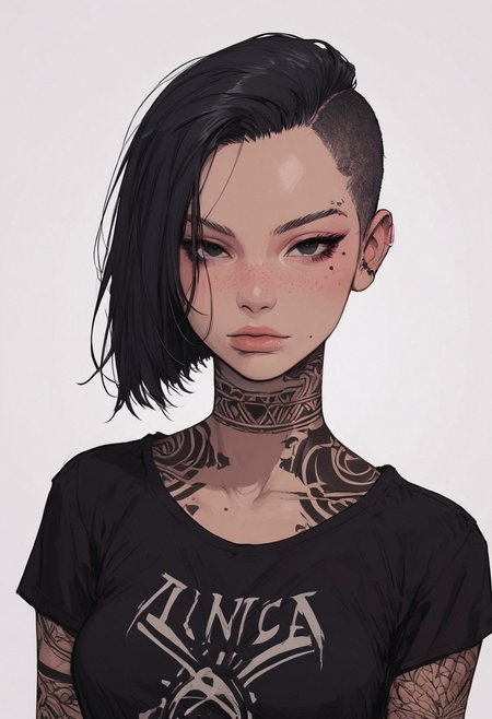 score_9, score_8_up, score_7_up, high detailed, high quality, masterpiece, no text, quality highlights, 8k detail, detailed background, source_anime, dynamic view, hentai, ultra-detailed,
...
1girl, (((solo))), female focus, expressiveh,
(18 years old),
(black hair), (short hair), ((shaved side haircut)), ((black eyes)),
beauty face, seductive, face freckles,
gorgeous, seductive,
(hourglass body), (small breasts), short body,
(bare neck), (fit body), 
(incredibly sexy), dynamic pose,
((tribal black tattoos)), face mole,
...
((black t-shirt)), ((band logo on t-shirt)),
((bare neck)), closed mouth,
eyes wide, posing, looking at viewer,
focus on face, standing, focus on face,
(((upper body))),
...
(((white background)))