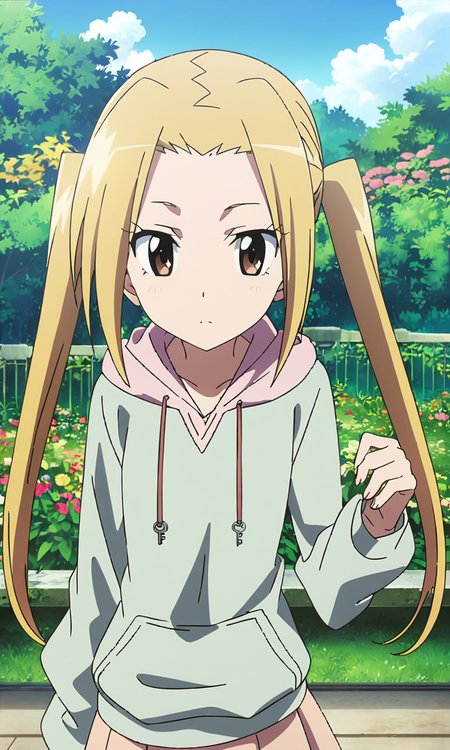 anime artwork hagimura suzu, 1girl, long hair, blonde hair, twintails, brown eyes, petite, flat chested, casual clothing, skirt, hoodie,garden,masterpiece,best quality,8k highres . anime style, key visual, vibrant, studio anime, highly detailed