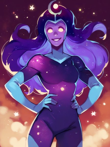 score_9, score_8_up, score_7_up, 1girl, hands on hips, dynamic pose, smile, looking at viewer, space, stars around, cowboy shot, cute pose,
 <lora:ASuperNova_character:1>, SuperXLP, colored skin, no pupils, purple hair, long hair, purple skin, bodysuit, elbow gloves, glowing,
