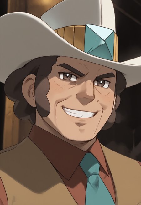 safe_pos, safe_pos, score_9, score_8_up, score_7_up, rating_nsfw, ultra hd, absurdres, solo, 1boy, masterpiece, best quality, best aesthetic, Expressiveh, wolfconf,

PokemonClay, brown hair, hat, brown outfit with vest, necktie, brown vest, portrait, headshot, looking at viewer, smiling