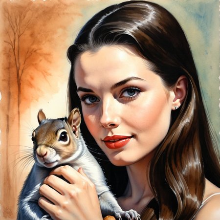 by Phil Noto, by Edwin Georgi, by Lori Earley, cute 18 year old woman and her pet squirrel, watercolor  <lora:watercolor_by_ntc:1.00>, oil pastel<lora:oil_pastel:1.00>, by Virgil Finlay <lora:more_art:0.30><lora:dpo:0.25><lora:faetastic:0.10><lora:midjourney:0.10><lora:clothing_slider:2.00> <lora:aesthetic:2.00><lora:great_lighting:2.00>