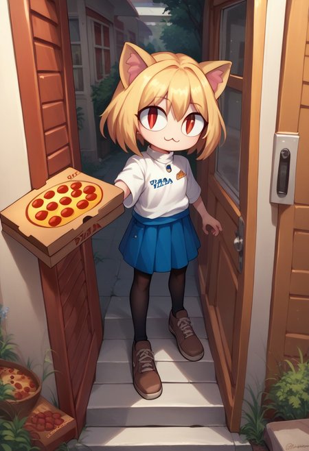 score_9, score_8_up, score_7_up, pizza box, employee uniform, pov, pizza delivery, necoarc, outside, blonde hair, red eyes, slit pupils, cat ears, :3, chibi, turtleneck, white shirt, blue skirt, pleated skirt, pantyhose, brown footwear, derp