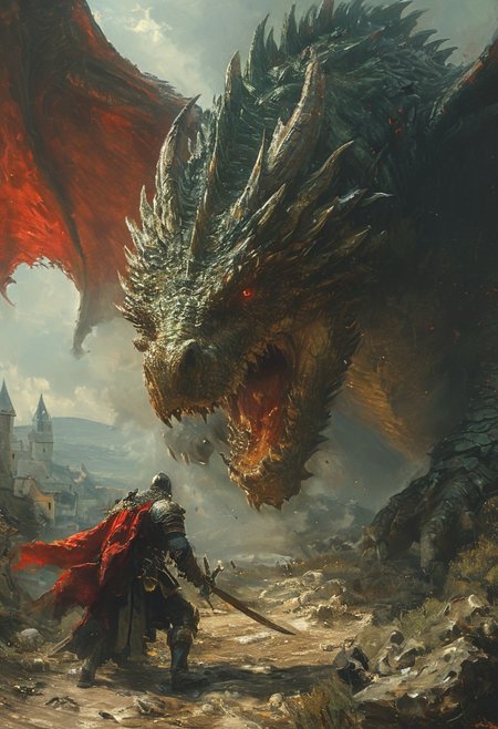cinematic giant dragon fighting medieval like dressed men, red eye, detailed eye, vibring color, style of Andreas Achenbach, monet,  oil painting