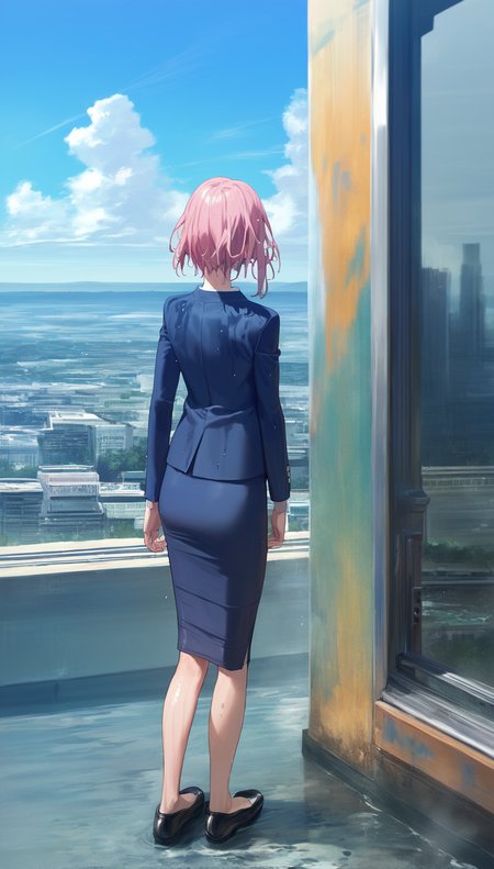 score_9,score_8_up,score_7_up,
<lora:yoshinokoharu:0.8>,
yoshinokoharu,
1girl,solo,
pink hair,short hair,bangs,
red eyes,looking up,smile,
blue blazer,white shirt,blue pencil skirt,wet hair,wet dress,
black shoes,
full body,standing,back view,
outdoors,cityscape,light particles,downtown,(after rain the sky looks blue:1.2),sun,cloud,