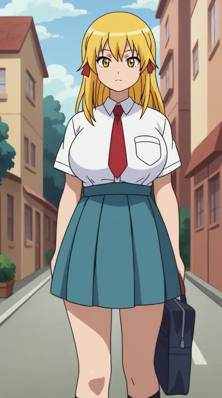 score_9, score_8_up, score_7_up,anime_source, source_anime, best background, detailed background, anime screencap, 4k, upscaled,  Asuka Sawashiro, looking at viewer, shirt, skirt, standing, school uniform, white shirt, short sleeves, pleated skirt, necktie, collared shirt, socks, solo, blue skirt, red necktie, pocket, shirt tucked in, holding bag, breast pocket  <lora:JN_Asuka_Sawashiro_Pony:0.8>