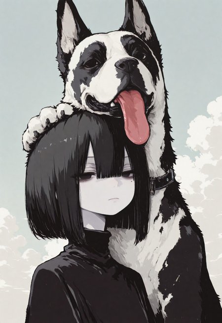 1girl, solo, black hair, bob cut, hair between eyes, solid black eyes, detailed eyes, looking to the side, mole under eye, expressionless, looking to the side, closed mouth,pale skin, black turtle neck, animal focus, dog, Great Dane, solo, paw up, paws on head, tongue out, whimsical dog, spotted fur, pale blue sky, clouds, close up, chromatic aberration,minimalsim, no lineart, no outline, blending, flat color,15546+456868, r17329_illu,S4bit4mago_illu