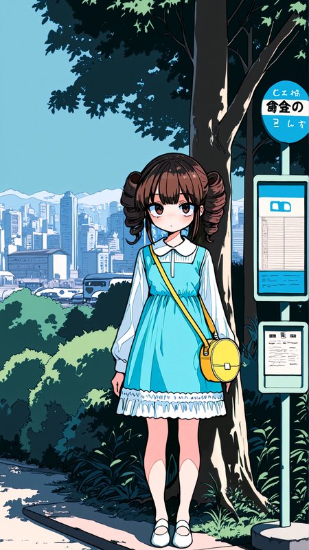 masterpiece, newest,absurdres,incredibly absurdres, best quality, amazing quality, very aesthetic, casual,
1girl, blue hill, behind tree, frilly dress, bus stop, hair drills, brown hair, kindergarten bag, cityscape,
 <lora:c0gecha_illu:1> c0gech4 <lora:Forest_Decay_Style_ichi_sk:1> <lora:edanoma_meu_style:1> edanoma_meu_illu