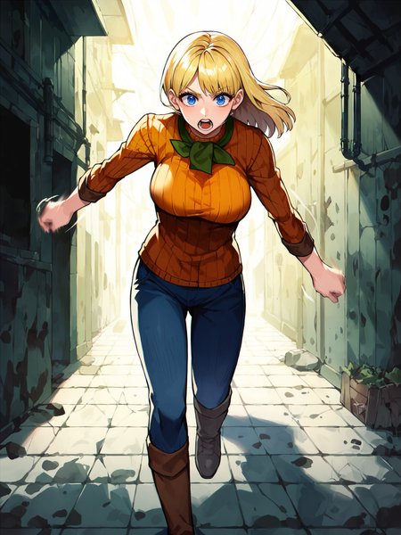 score_9, score_8_up, score_7_up, BREAK  motion lines, motion blur, 
Ashley Graham, Resident Evil 4 Remake, 1girl, long blonde hair, blue eyes, running, horror, detailed background, intricate details, highly detailed, ultra detailed, hyper detailed, complex background, eerie atmosphere, soft lighting, highres, masterpiece, best quality, casual outfit, scared expression, sprinting through a dark alley, hair flowing behind her, arms pumping, dynamic pose, dark setting, game scene