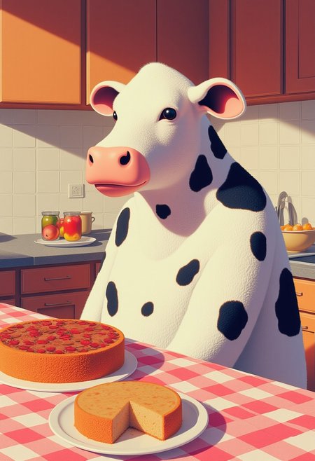 a cow baking a cake in a kitchen, illustration in the style of CTILLUST
