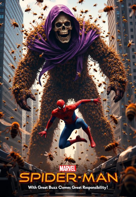 A hyper-realistic, cinematic image of Spider-Man battling Swarm. Swarm appears as a towering figure composed entirely of swarming bees, wearing a tattered purple cloak that billows dramatically. His face is partially visible, skeletal and menacing, emerging from the mass of insects.Spider-Man is in mid-action, swinging or leaping towards Swarm, his suit detailed and reflective in the city light. The background features a modern cityscape with sleek skyscrapers, creating a stark contrast to the chaotic form of Swarm.
Thousands of individual bees surround both characters, some forming Swarm's body and others swarming in the air, creating a sense of motion and danger. The lighting is dramatic, perhaps with a golden hour glow that glints off the bees and Spider-Man's suit.
At the bottom of the poster, in a bold, stylized font that evokes both honeycomb structure and spider webs, are the words: 'With Great Buzz Comes Great Responsibility.'The image should be ultra-detailed, focusing on the realistic rendering of both the bees and Spider-Man, as well as the urban environment. The overall tone is intense and action-packed, with a touch of horror due to Swarm's appearance,Midjourney_Whisper