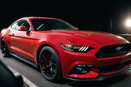 cars fantastic red, [ford mustang], speed, intricate detail ,dark background , HD. Photograph , in table((realism)), extremely high quality RAW photograph, ultra detailed photograph, sharp focus, high resolution, (detailed skin:1,3),high quality, film grain, Fujifilm XT3,Highly Detailed, movie, (Cinematic Photo:1.3) of (Realistic:1.3)