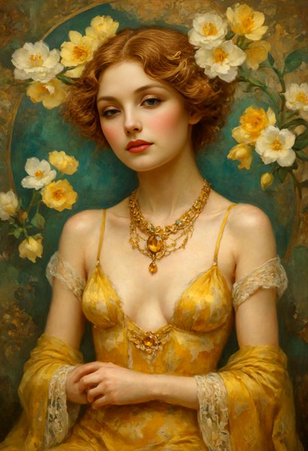 A full-body oil painting of A French Maiden in the Belle Époque Embracing the elegance of the ((ArtDeco)) era, she embodies the grace of a blossoming freesia with (loose curls adorned with sunny yellow highly revealing transparent laces), eyes aglow with alluring joy, ((embellishing blush)), (white translucent skin, pale skin, royal fair, porcelain white like skin, with a hint of freckles) ((dressed in her skimpy attire tailored for enchantement)), featuring vibrant sunny yellow fabrics and intricate (flourished patterns, natural floral ornaments), accessorized with a ((citrine necklace)) and a (blossoming freesia-colored velvet full-body veil inspired by Art Deco, lace-embellished and blossoming). Completing her ensemble, she wears (sunny yellow silk stockings with garter straps)., ((Intricate Art Nouveau Style)), refined delicacy, subtle allure, intricate precision, luxurious and opulent, with a focus on ornamentation and decoration that creates a sense of glamour and sophistication, bold and vibrant colors that add a sense of drama and energy, intricate patterns and details that showcase a mastery of craftsmanship, a sense of sensuality and eroticism that adds a layer of intrigue, ((Gustav Klimt)), Alphonse Mucha, Louis Comfort Tiffany. <lora:add-detail-xl:1> <lora:aidmaMidjourneyV6.1-v0.1:0.5> <lora:SDXLFaeTastic2400:0.5>