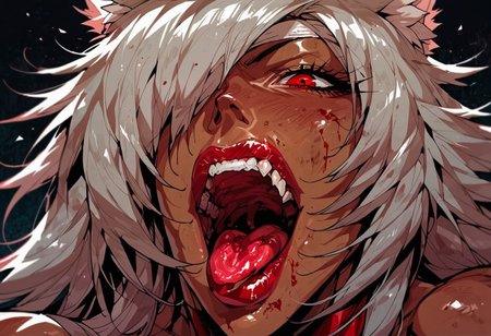 score_9, score_8_up, score_7_up, 1girl, black hair, solo, blood, red eyes, tongue, teeth, open mouth, long hair, blood on face, close-up, <lora:Fant5yP0ny:0.8>, ghislaine dedoldia, visible breast, bimbo makeup, bimbo lips