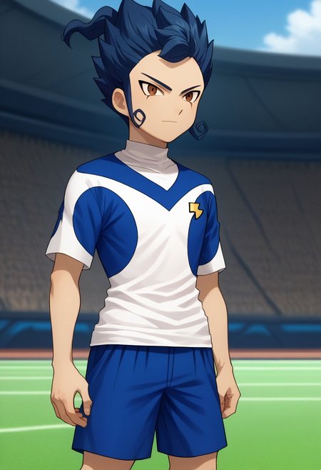 score_9, score_8_up, score_7_up, source_anime, highly detailed, 
tsurugi, 1boy, male focus, solo, blue hair, brown eyes, sportwear, galaxy soccer uniform, turtleneck, shirt, blue shirt, white shirt, multicolored shirt, shorts, blue shorts,
outdoor,