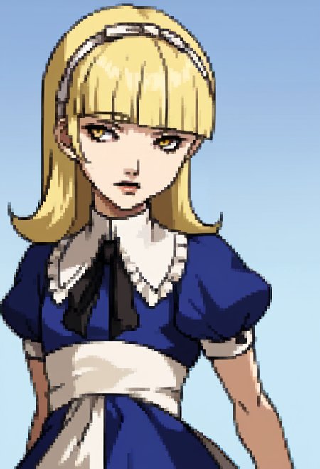 score_9, score_8_up, score_7_up, source_anime, BREAK ,solo, 1girl, <lora:P2-Protraits-pdxl_Fp:1>, portrait, simple background,  <lora:zs_AliceXL:1>, alicesmt, dress, long hair, blonde hair, hairband, blunt bangs, puffy sleeves, blue dress, yellow eyes, parted lips,