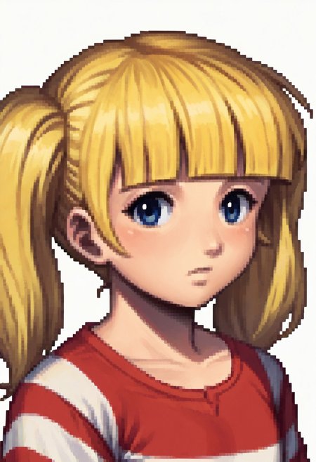 score_9, score_8_up, score_7_up, source_anime BREAK 1girl, solo, fedsportraits, portrait, white background
penny \(inspector gadget\), ,blonde hair, twintails, blunt bangs, blue eyes, flat chest, red shirt, red shirt, striped shirt, stripe, white stripe, upper body