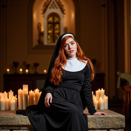 Inside an ancient cathedral, bathed in the glow of flickering candlelight, the redheaded goddess sitting on the cold stone altar, she's wearing a full nun costume  leaving nothing but temptation in its wake. Her fiery locks spill over the sacred ground as she gazes upward, looking at the viewer,  her lips parted in an expression of pure, sinful ecstasy. Itâs an image of contrastâholiness and eroticism intertwined, a vision of defiance in a place of restraint  <lora:jialissa64:0.9> jialis