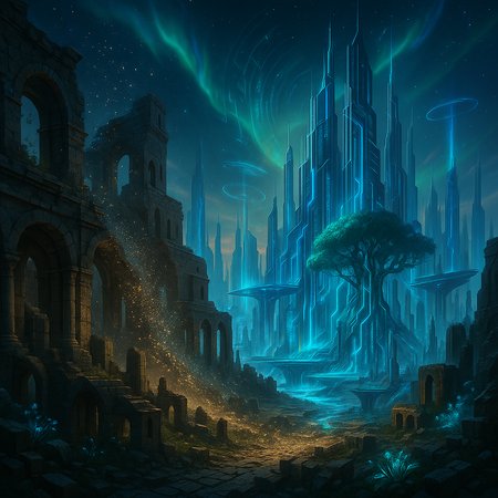 A highly detailed semi-realistic painting of a massive environment where an ancient ruined city is slowly disintegrating and being replaced by a futuristic metropolis. The crumbling stone buildings dissolve into shimmering particles, blending into sleek metallic skyscrapers with glowing energy veins. Bioluminescent plants sprout among the ruins, and floating crystal bridges connect the emerging new structures. The sky is filled with swirling auroras and digital holographic patterns. The atmosphere feels dreamlike, as if reality itself is being reshaped before your eyes — a perfect transformation of the old world into a futuristic utopia.